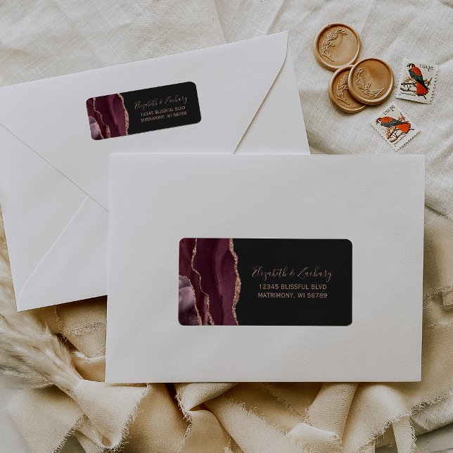 Burgundy Rose Gold Agate Wedding Return Address Label (Creator Uploaded)