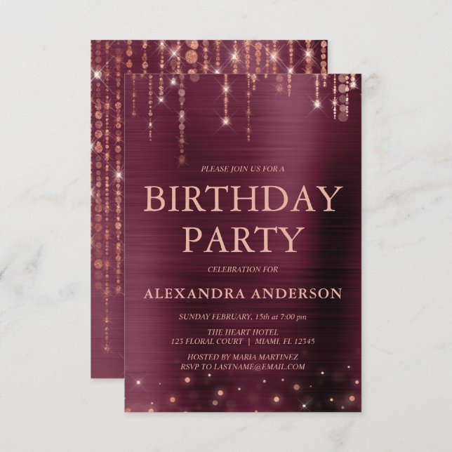 Burgundy Rose Gold Any Age Birthday Party Invitation (Front/Back)