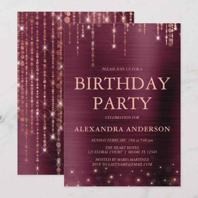 Burgundy  Rose Gold Any Age Birthday Party Invitation (Front/Back)