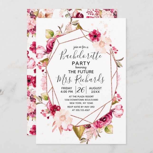 Burgundy Rose Gold Bachelorette Party Invitation (Front/Back)