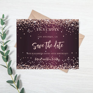 Burgundy rose gold birthday budget save the date flyer