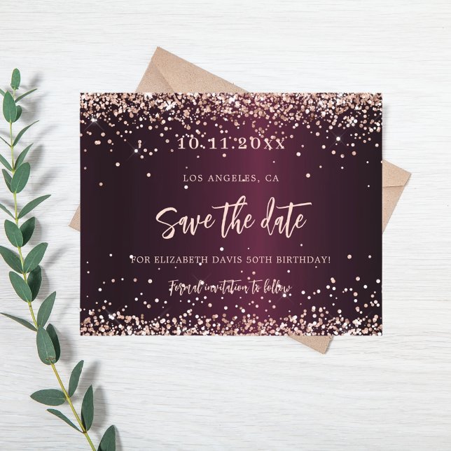 Burgundy rose gold birthday save the date card (Creator Uploaded)