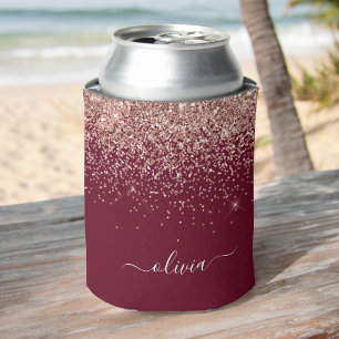 Burgundy Rose Gold Blush Pink Glitter Monogram Can Cooler