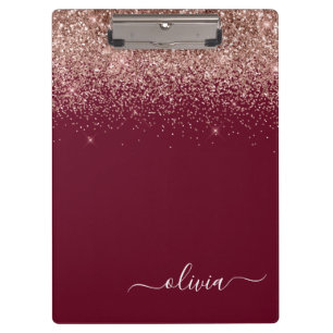Burgundy Rose Gold Blush Pink Glitter Monogram Clipboard