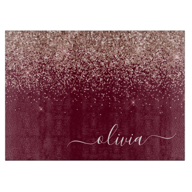 Burgundy Rose Gold Blush Pink Glitter Monogram Cutting Board (Front)