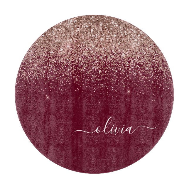 Burgundy Rose Gold Blush Pink Glitter Monogram Cutting Board (Front)