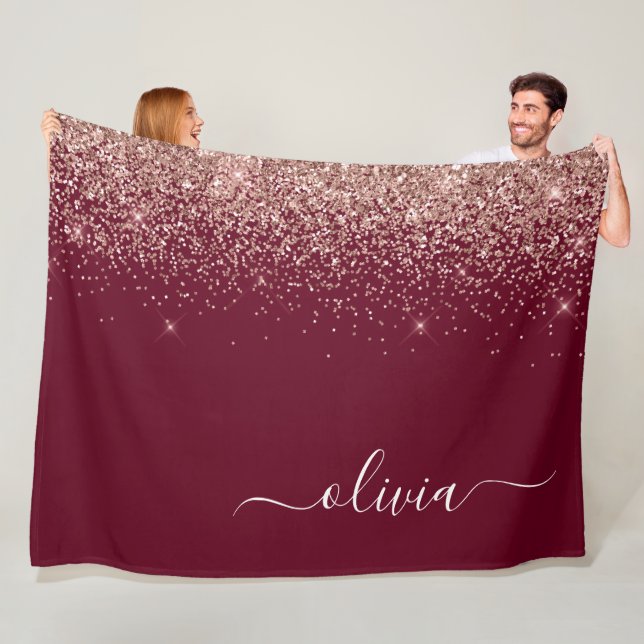 Burgundy Rose Gold Blush Pink Glitter Monogram Fleece Blanket (In Situ)