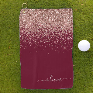 Burgundy Rose Gold Blush Pink Glitter Monogram Golf Towel