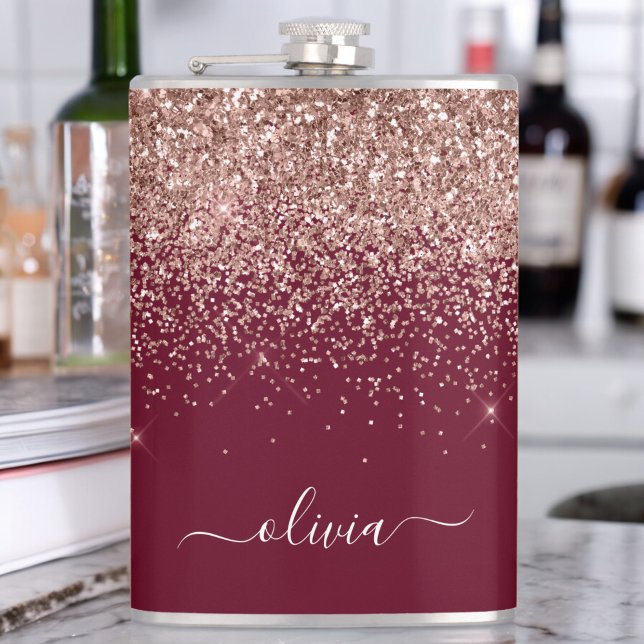 Burgundy Rose Gold Blush Pink Glitter Monogram Hip Flask (Creator Uploaded)