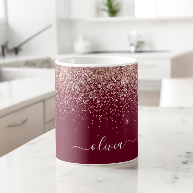 Burgundy Rose Gold Blush Pink Glitter Monogram Large Coffee Mug (Creator Uploaded)