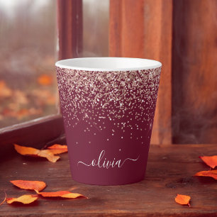 Burgundy Rose Gold Blush Pink Glitter Monogram Latte Mug