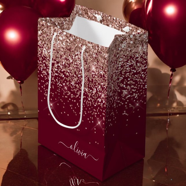 Burgundy Rose Gold Blush Pink Glitter Monogram Medium Gift Bag (Creator Uploaded)