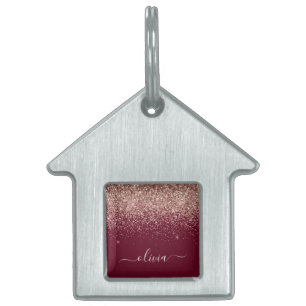 Burgundy Rose Gold Blush Pink Glitter Monogram Pet ID Tag