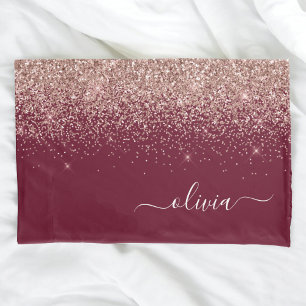 Burgundy Rose Gold Blush Pink Glitter Monogram Pillowcase