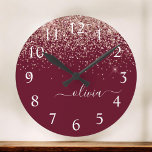 Burgundy Rose Gold Blush Pink Glitter Monogram Round Clock<br><div class="desc">Burgundy and Rose Gold Blush Pink Sparkle Glitter Brushed Script Monogram Name Clock. This makes the perfect sweet 16 birthday,  wedding,  bridal shower,  anniversary,  baby shower or bachelorette party gift for someone that loves glam luxury and chic styles.</div>