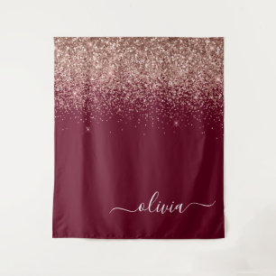Burgundy Rose Gold Blush Pink Glitter Monogram Tapestry