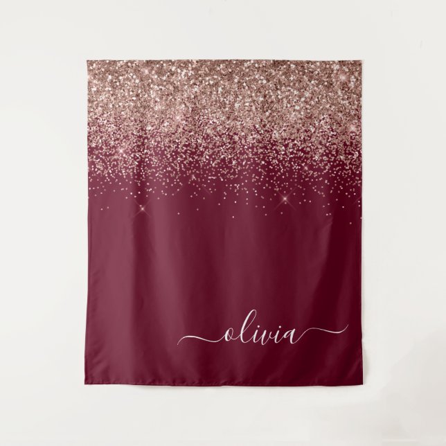 Burgundy Rose Gold Blush Pink Glitter Monogram Tapestry (Front)