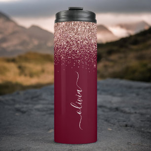 Burgundy Rose Gold Blush Pink Glitter Monogram Thermal Tumbler