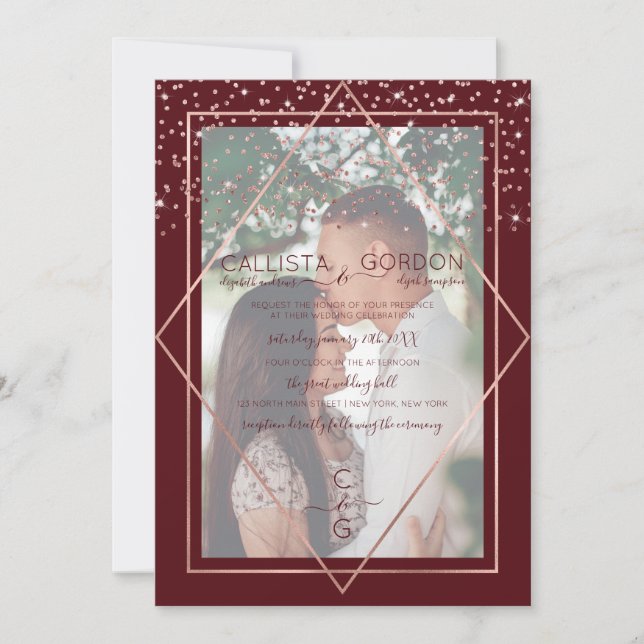 Burgundy Rose Gold Confetti Border Photo Wedding Invitation (Front)