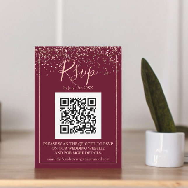 Burgundy Rose gold confetti QR code rsvp Enclosure Card (Burgundy Rose gold confetti QR code rsvp Enclosure Card)