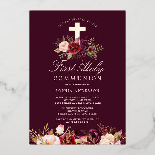 Burgundy Rose Gold Cross Girls First Communion