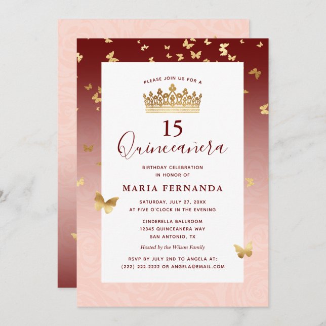 Burgundy Rose Gold Crown Elegant Quinceanera Invitation (Front/Back)