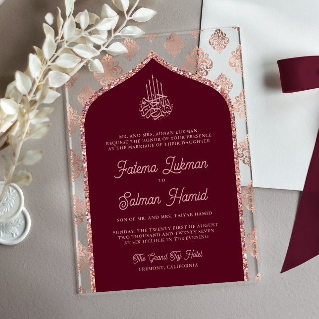Burgundy Rose Gold Damask Arch Muslim Wedding Acrylic Invitations (Creator Uploaded)