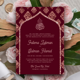Burgundy Rose Gold Damask Arch Muslim Wedding Invitation
