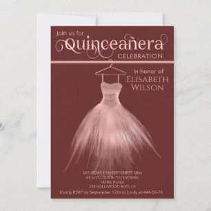Burgundy rose gold dress calligraphy Quinceañera Invitation