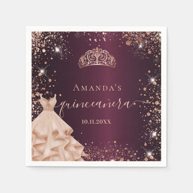 Burgundy rose gold dress name Quinceanera Napkin (Front)