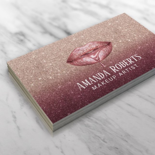 Burgundy Rose Gold Dripping Lips Makeup Artist Business Card (Creator Uploaded)