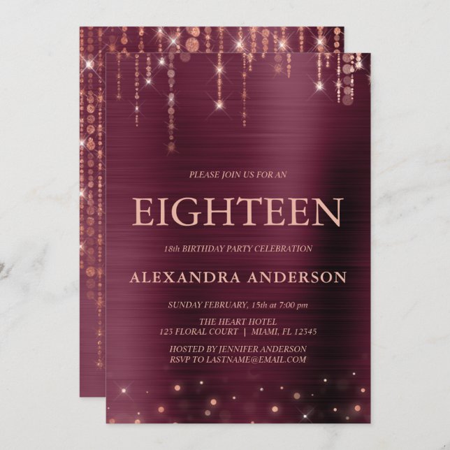 Burgundy Rose Gold Eighteenth 18th Birthday Party Invitation (Front/Back)