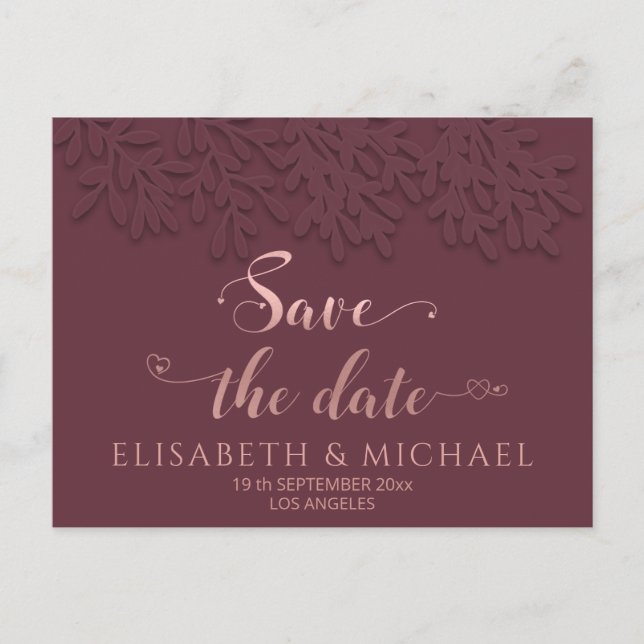 Burgundy Rose gold embossed botanical calligraphy Announcement Postcard (Front)
