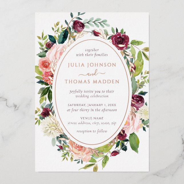 Burgundy Rose Gold Floral Foliage Wedding (Front)