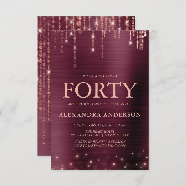 Burgundy Rose Gold Forty 40th Birthday Party Invitation (Front/Back)