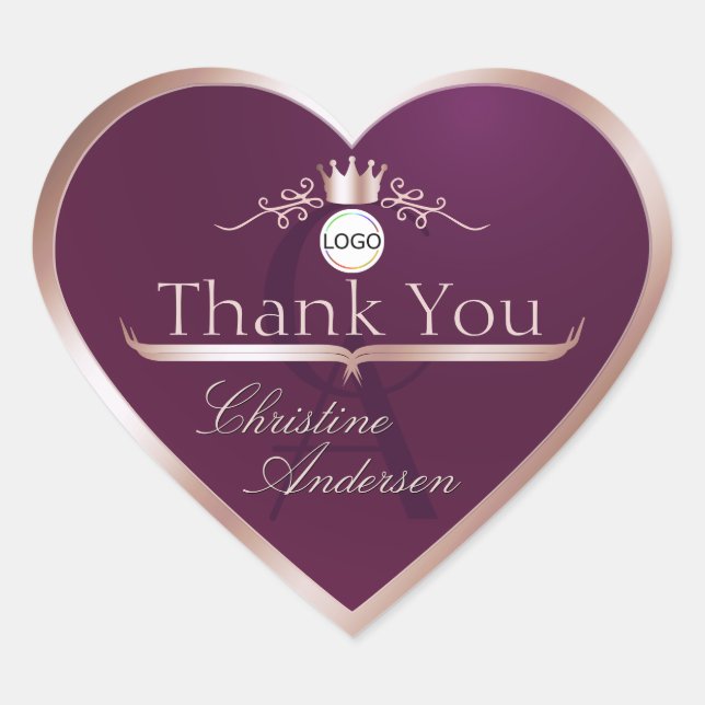 Burgundy Rose Gold Frame Logo Monogram Thank You Heart Sticker (Front)