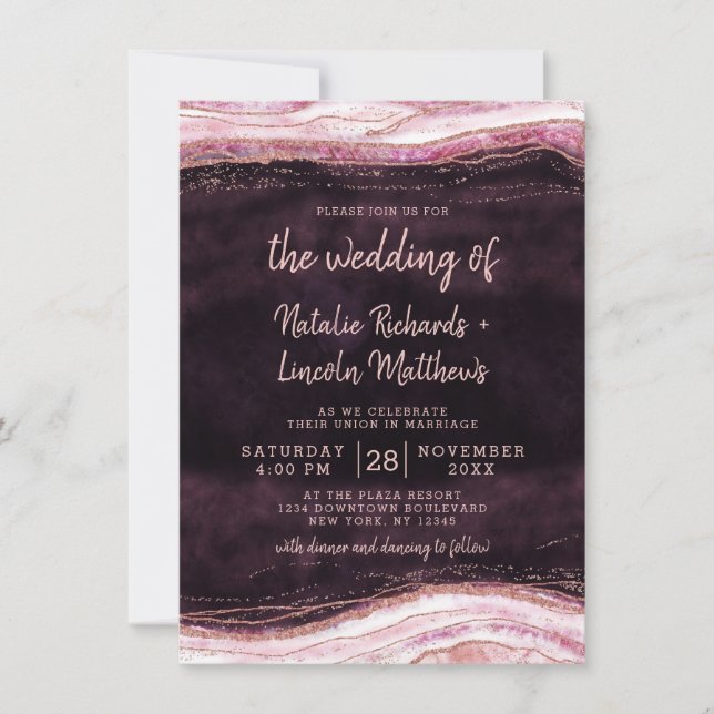 Burgundy & Rose Gold Geode Agate Rock Wedding Invitation (Front)