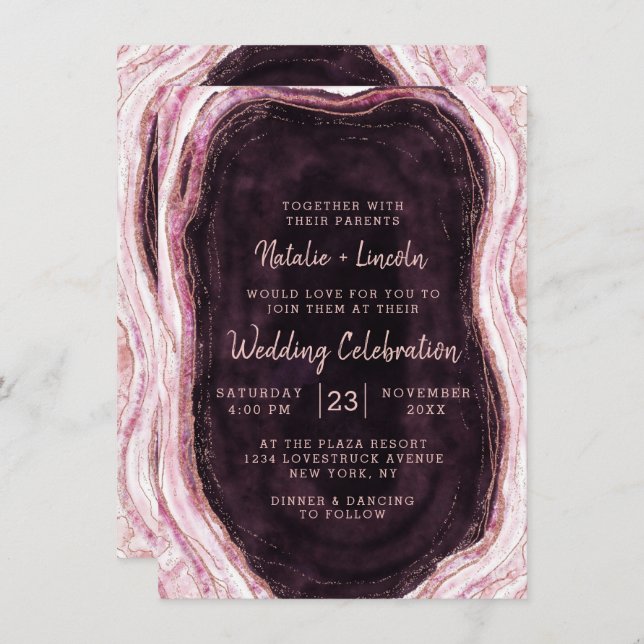 Burgundy & Rose Gold Geode Agate Rock Wedding Invitation (Front/Back)