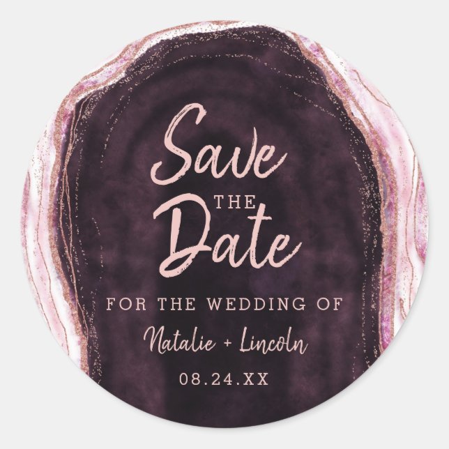 Burgundy & Rose Gold Geode Agate Save the Date Classic Round Sticker (Front)
