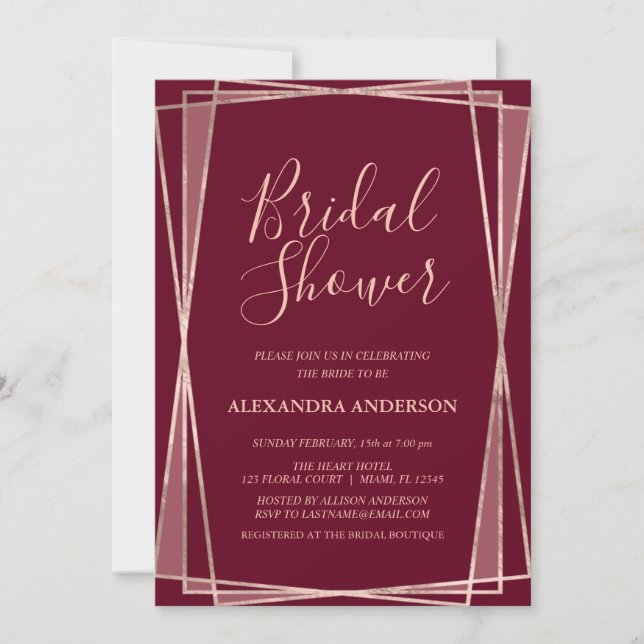 Burgundy Rose Gold Geometric Bridal Shower Invitation (Front)