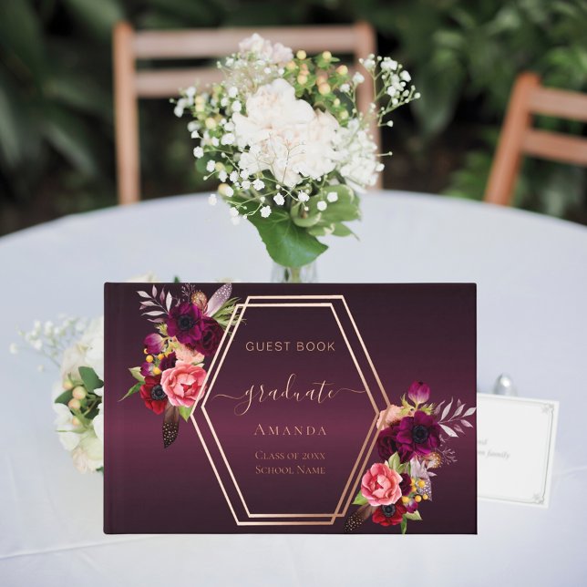 Burgundy rose gold geometric florals Graduation Guest Book (Creator Uploaded)