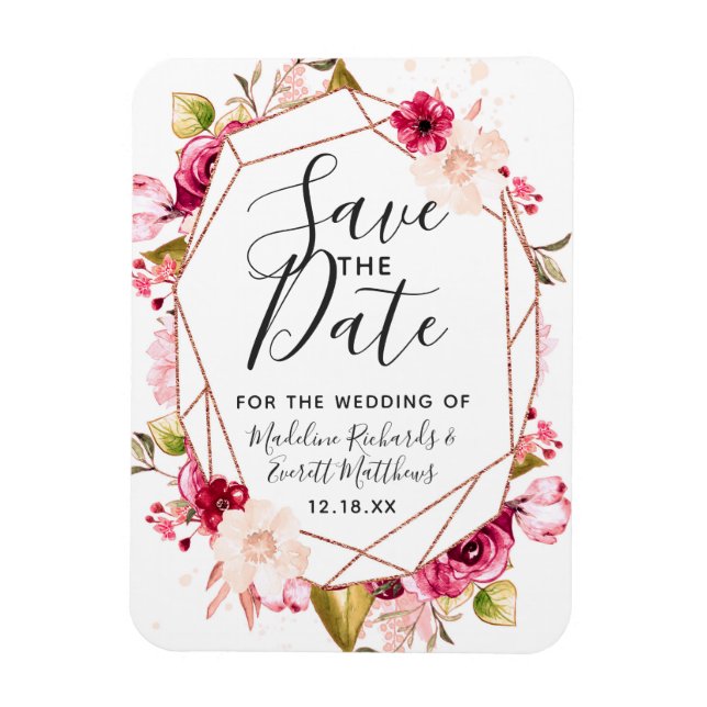 Burgundy Rose Gold Geometric Save the Date Wedding Magnet (Vertical)