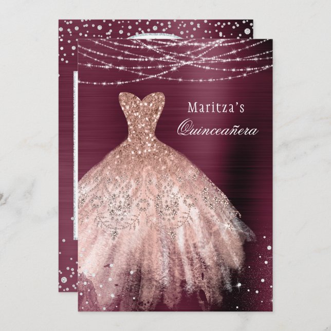 Burgundy Rose Gold Glam Diamond Quinceañera Invitation (Front/Back)