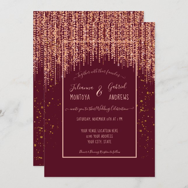 Burgundy Rose Gold Glitter Confetti Wedding Invite (Front/Back)