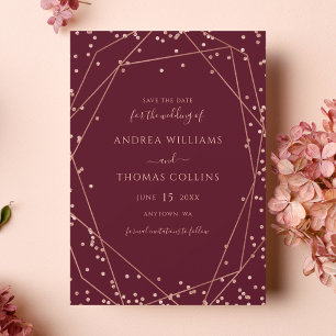 Burgundy Rose Gold Glitter Geometric Wedding Save The Date