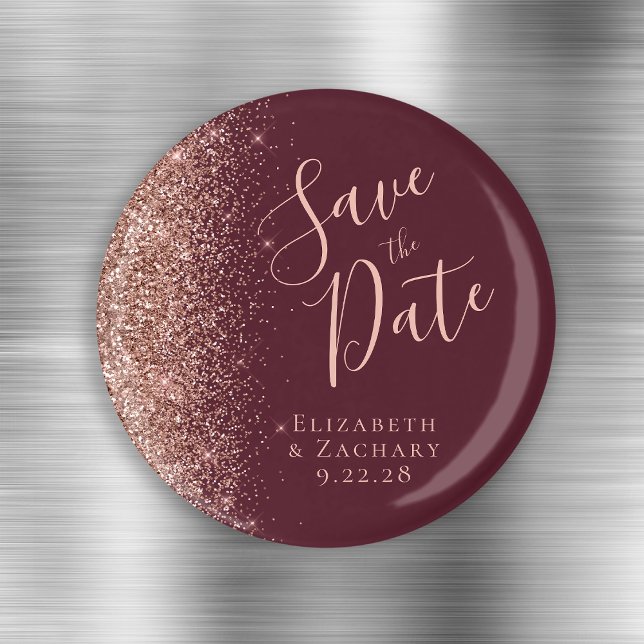 Burgundy Rose Gold Glitter Script Save the Date Magnet (Creator Uploaded)