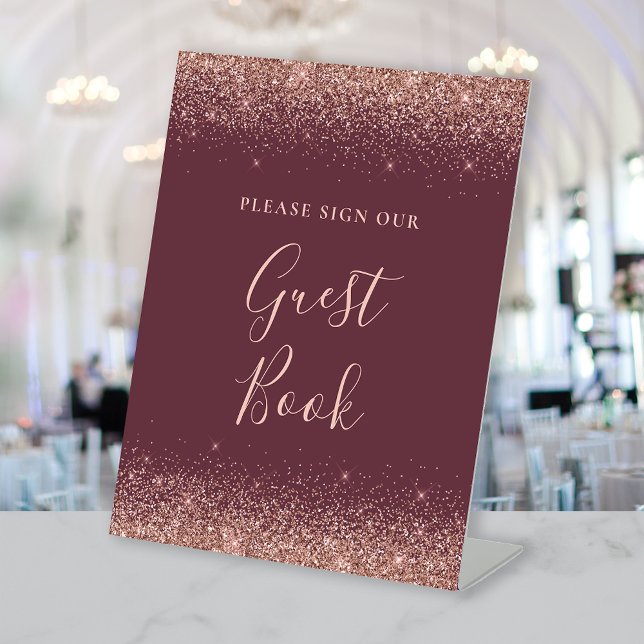 Burgundy Rose Gold Glitter Wedding Guest Book Pedestal Sign (Creator Uploaded)