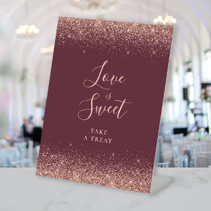 Burgundy Rose Gold Glitter Wedding Love Is Sweet Pedestal Sign