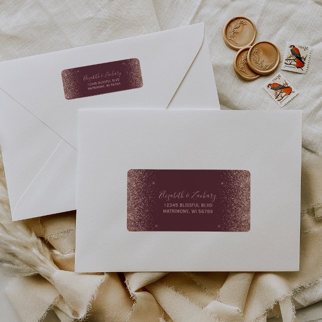 Burgundy Rose Gold Glitter Wedding Return Address Label (Creator Uploaded)
