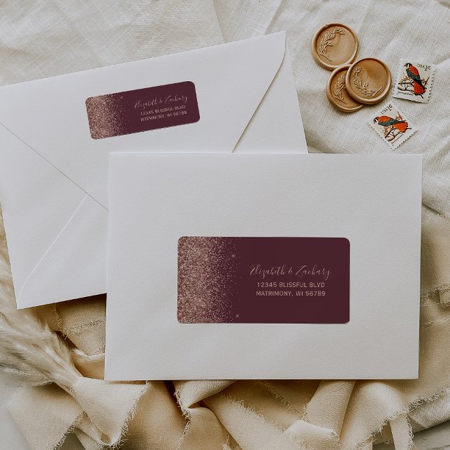 Burgundy Rose Gold Glitter Wedding Return Address Label (Creator Uploaded)